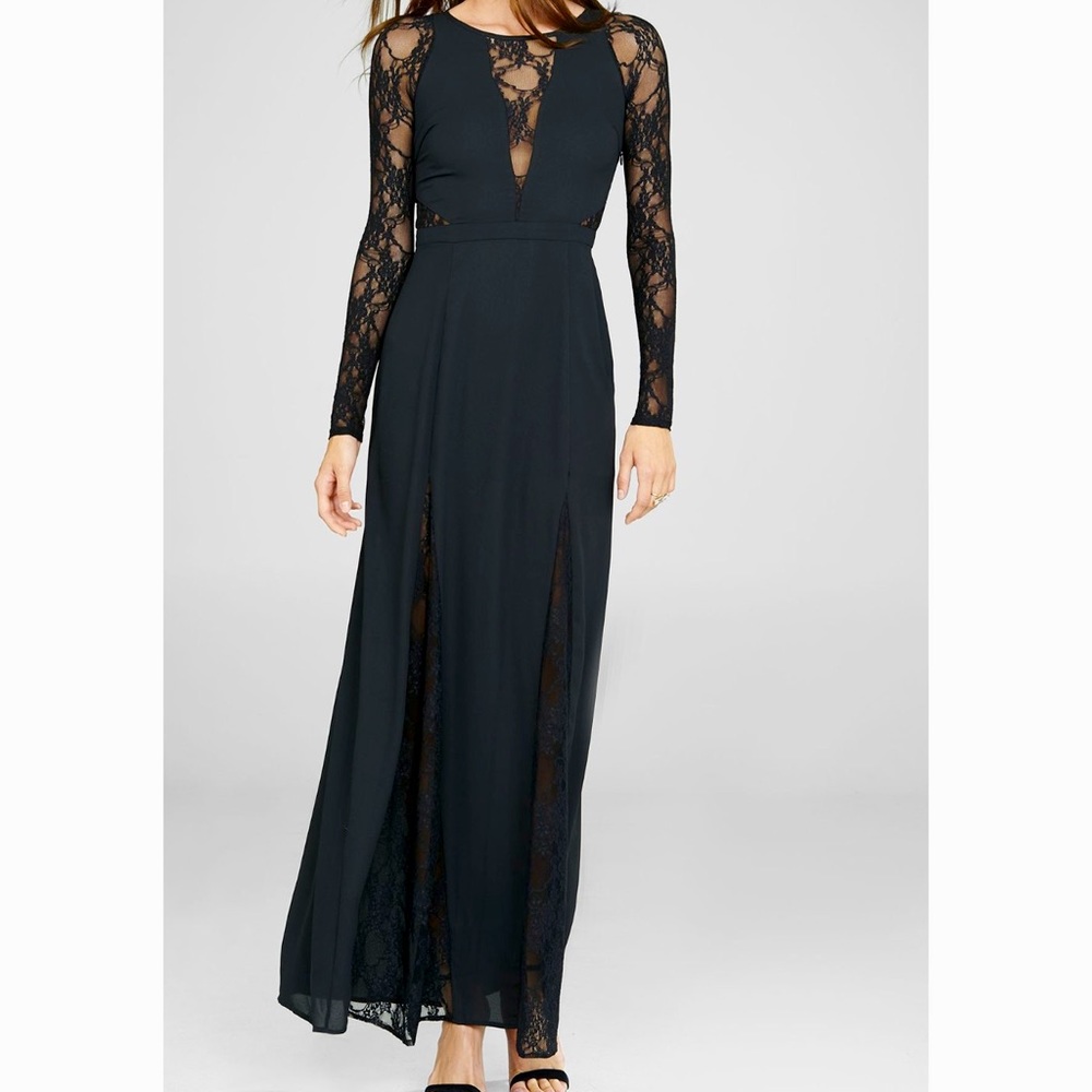 EXPRESS Women's Black Lace Sleeve And Inset Maxi Dress